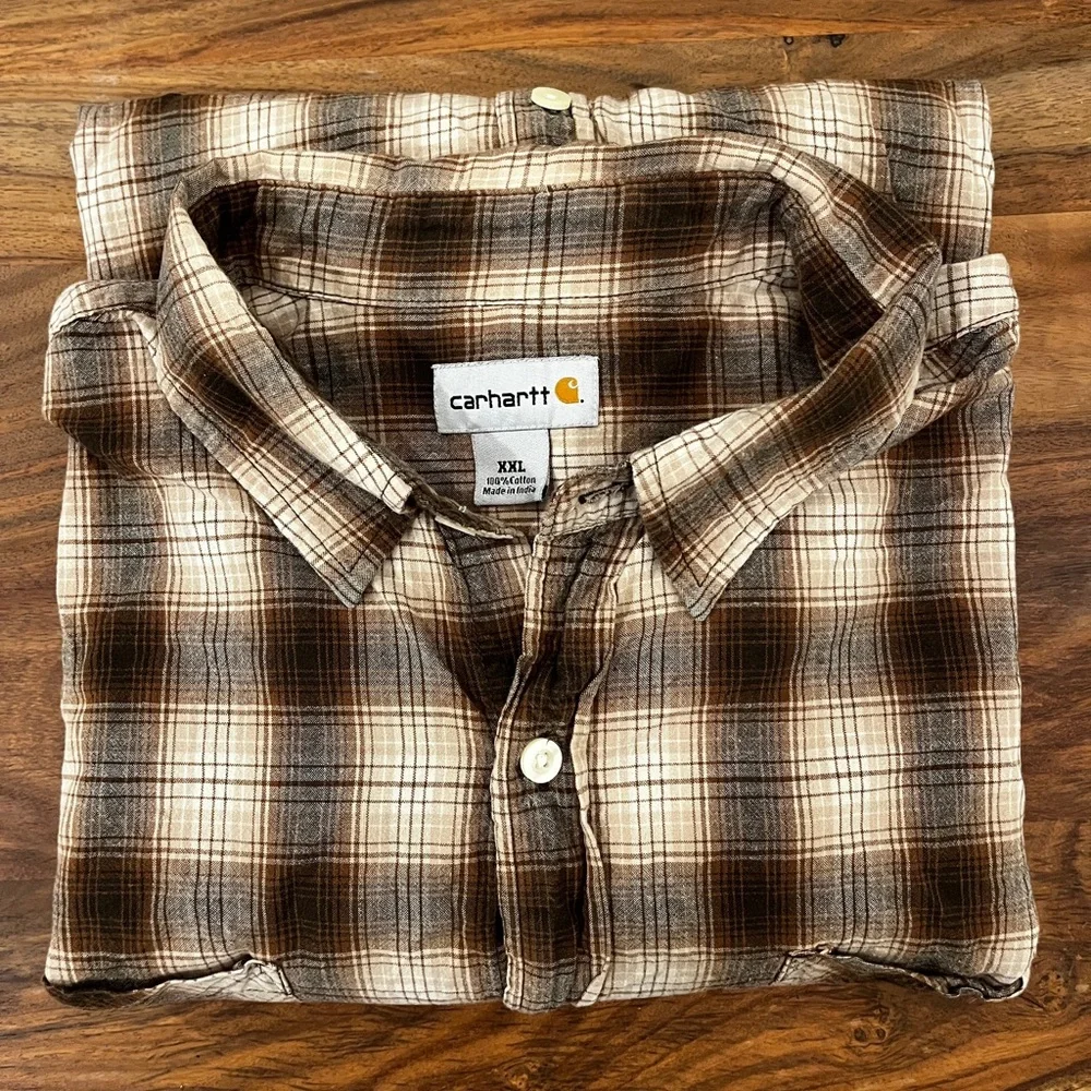 Carhartt Men Loose Fit Flannel Shirt Brown Plaid Long Sleeve 2XL - Picture 1 of 5